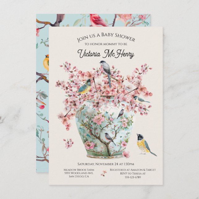 Chinoiserie Birds Cherry Blossoms Baby Shower Vase Invitation (Front/Back)