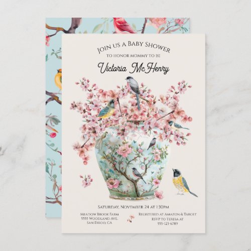 Chinoiserie Birds Cherry Blossoms Baby Shower Vase Invitation