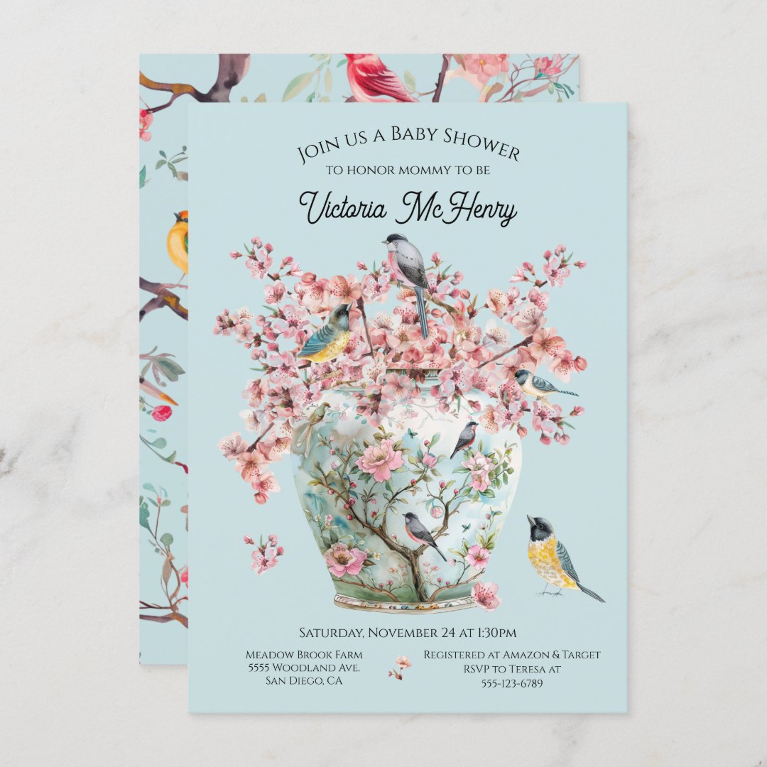 Chinoiserie Birds Cherry Blossoms Baby Shower                    Vase Invitation