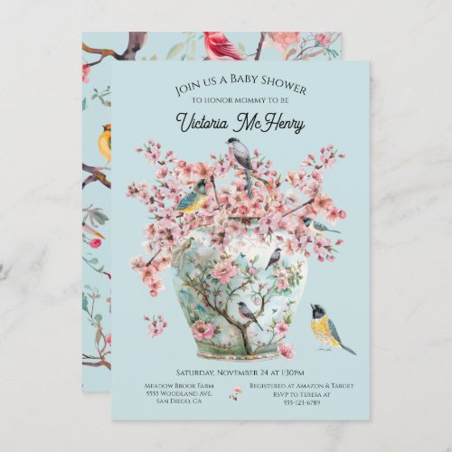 Chinoiserie Birds Cherry Blossoms Baby Shower Vase Invitation