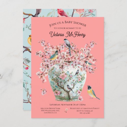 Chinoiserie Birds Cherry Blossoms Baby Shower Vase Invitation