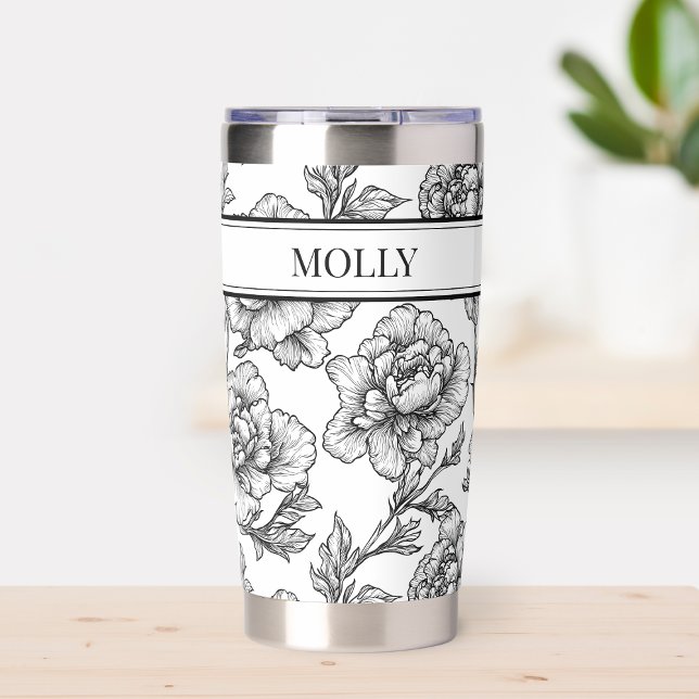 Chinoiserie Black Floral Travel Coffee Lover Insulated Tumbler (Black and White Floral Chinoiserie Flower Chic Coffee Lover Travel Tumbler)