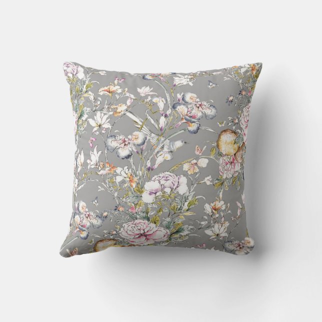 Chinoiserie Blossoms on Grey Background Throw Pillow (Back)