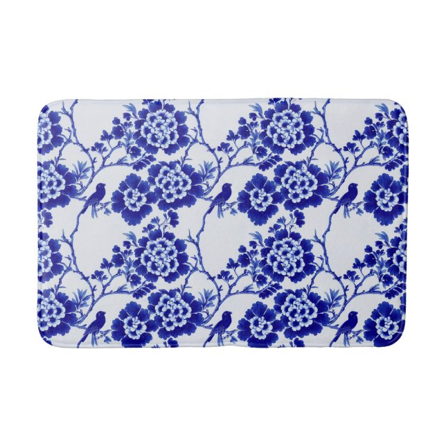 Chinoiserie Blue and White Bird Floral Hampton Bath Mat (Front)