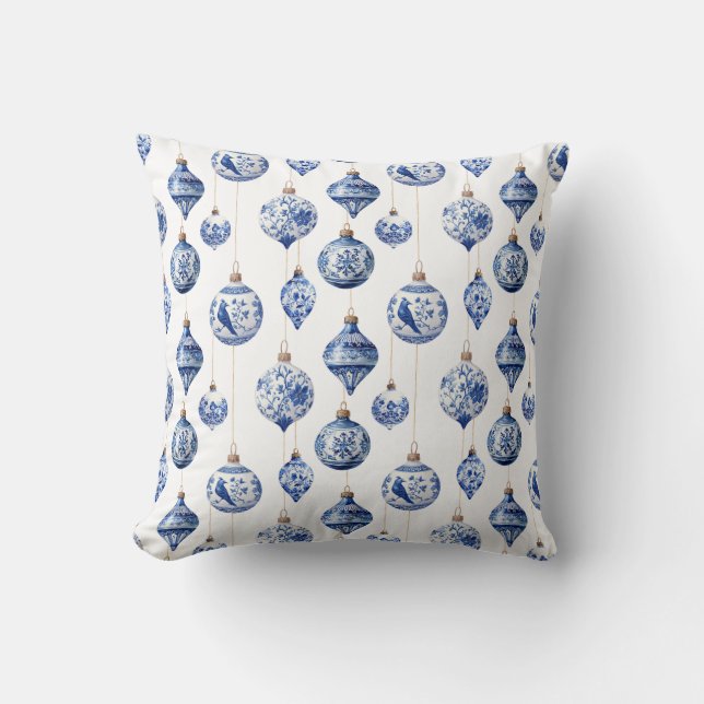 Chinoiserie Blue and White Christmas Ornaments Throw Pillow (Front)