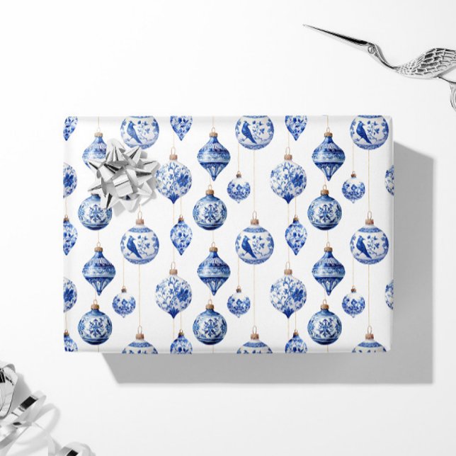 Chinoiserie Blue and White Christmas Ornaments Wrapping Paper (Blue Chinoiserie Ornament Gift Wrap Paper)