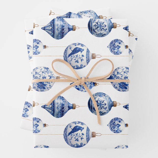 Chinoiserie Blue and White Christmas Ornaments Wrapping Paper Sheets (In situ)