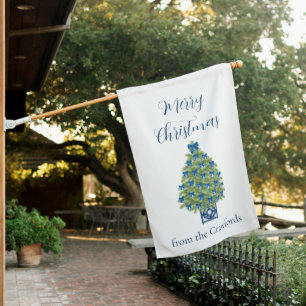 Chinoiserie Blue and White Christmas Tree House Flag