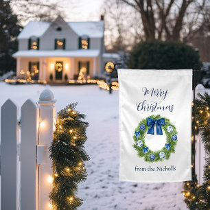 Chinoiserie Blue and White Christmas Wreath Garden Flag
