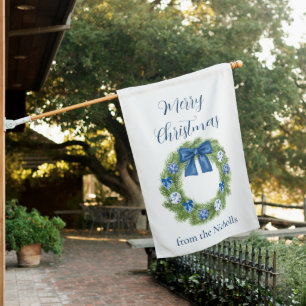 Chinoiserie Blue and White Christmas Wreath House Flag
