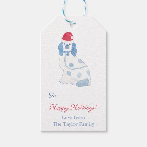 Chinoiserie Blue And White Dog Santa Hat Holidays Gift Tags