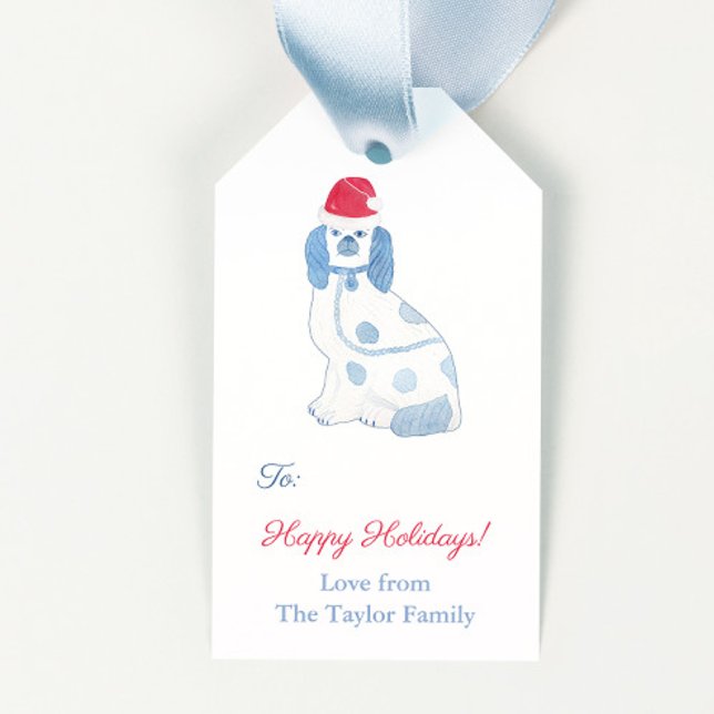 Chinoiserie Blue And White Dog Santa Hat Holidays Gift Tags (Blue and white pottery dog with red and white santa hat merry christmas gift tags)