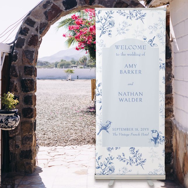 Chinoiserie Blue and White Elegant Floral Wedding Retractable Banner (Tall wedding welcome banner from the Chinoiserie Wedding Collection by Darling & May)