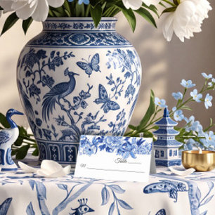 Chinoiserie Blue and White Floral Bird Table Place Card