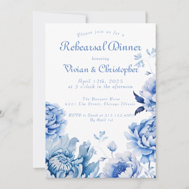 Chinoiserie Blue and White Floral Rehearsal Dinner Invitation (Front)
