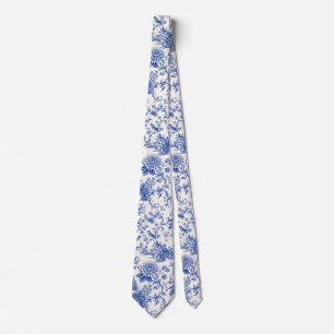 Chinoiserie Blue and White Floral Vintage Pagoda Neck Tie