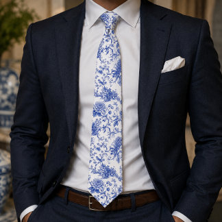 Chinoiserie Blue and White Floral Vintage Pagoda Neck Tie
