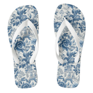 Chinoiserie Blue and White Peonies Floral Flowers Flip Flops