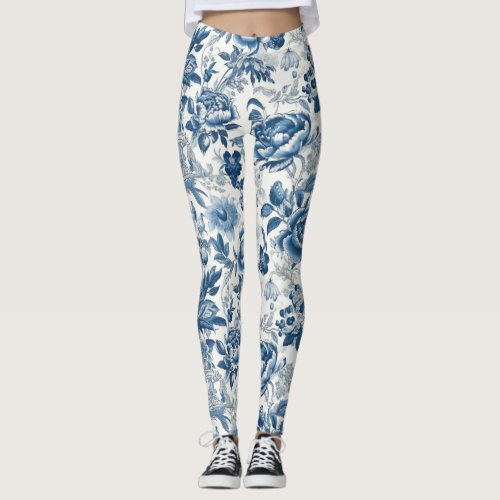 Chinoiserie Blue and White Peonies Floral Flowers Leggings
