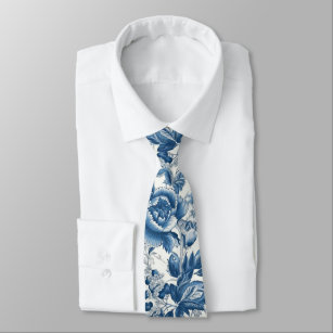 Chinoiserie Blue and White Peonies Floral Flowers Neck Tie