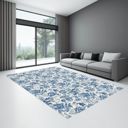 Chinoiserie Blue and White Peonies Floral Flowers Rug