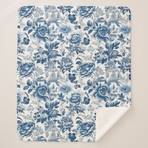 Chinoiserie Blue and White Peonies Floral Flowers Sherpa Blanket