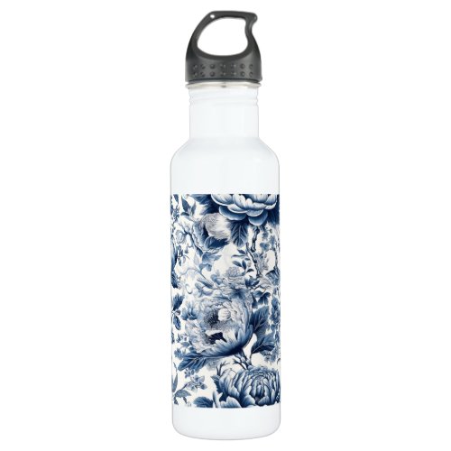 Chinoiserie Blue and White Peonies Floral Flowers Stainless Steel Water Bottle