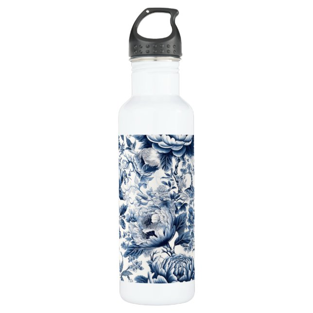 Chinoiserie Blue and White Peonies Floral Flowers Stainless Steel Water Bottle (Front)