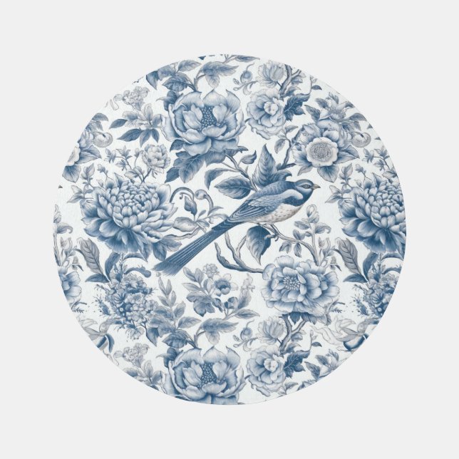 Chinoiserie Blue and White Peonies Flowers Birds Rug (Front)
