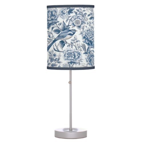 Chinoiserie Blue and White Peonies Flowers Birds Table Lamp