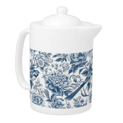 Chinoiserie Blue and White Peonies Flowers Birds Teapot
