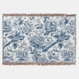 Chinoiserie Blue and White Peonies Flowers Birds Throw Blanket