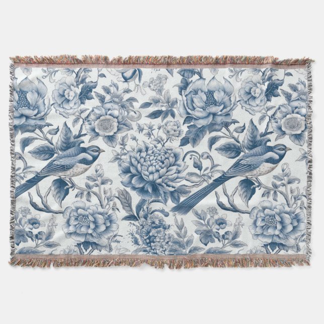 Chinoiserie Blue and White Peonies Flowers Birds Throw Blanket (Front)