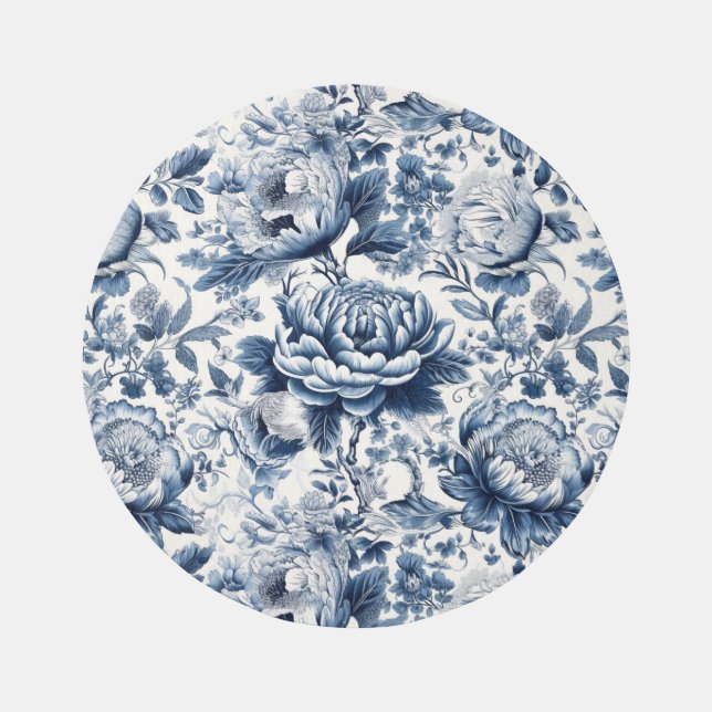 Chinoiserie Blue and White Peonies Flowers Floral Rug (Front)