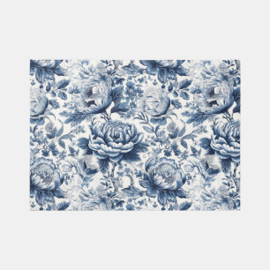 Chinoiserie Blue and White Peonies Flowers Floral Rug