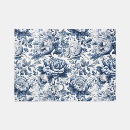 Chinoiserie Blue and White Peonies Flowers Floral  Rug