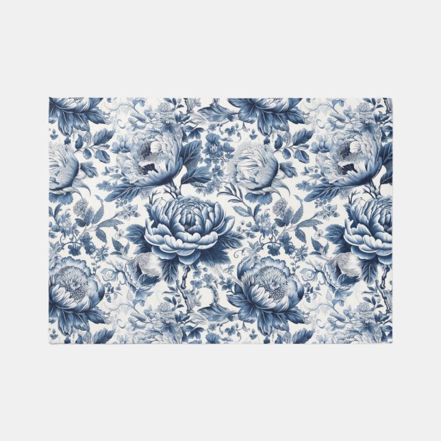 Chinoiserie Blue and White Peonies Flowers Floral  Rug (Front)