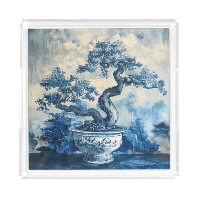 Chinoiserie Blue and White Porcelain Design  Acrylic Tray (Front)