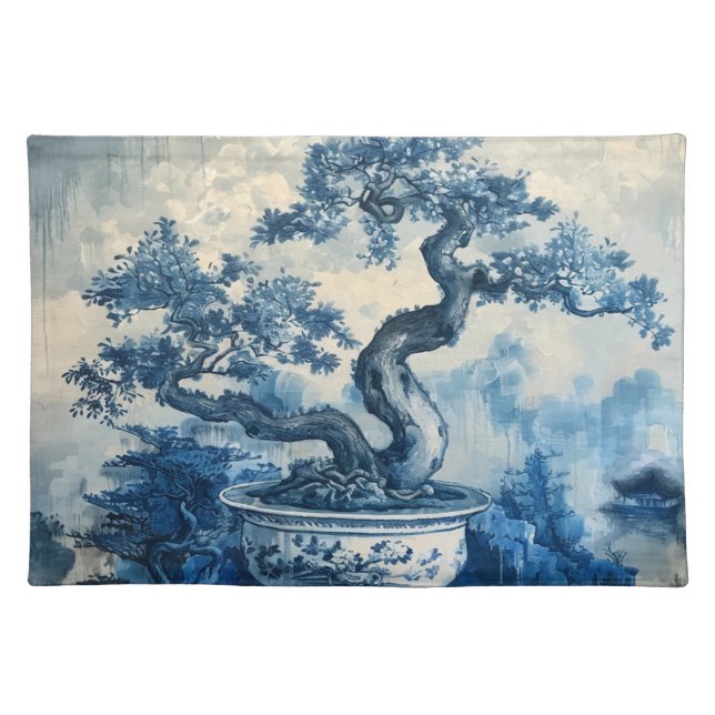 Chinoiserie Blue and White Porcelain Design  Cloth Placemat (Front)