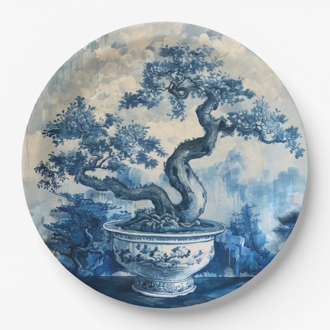 Chinoiserie Blue and White Porcelain Design  Paper Plates (Front)