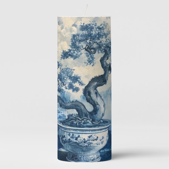 Chinoiserie Blue and White Porcelain Design  Pillar Candle (Front)
