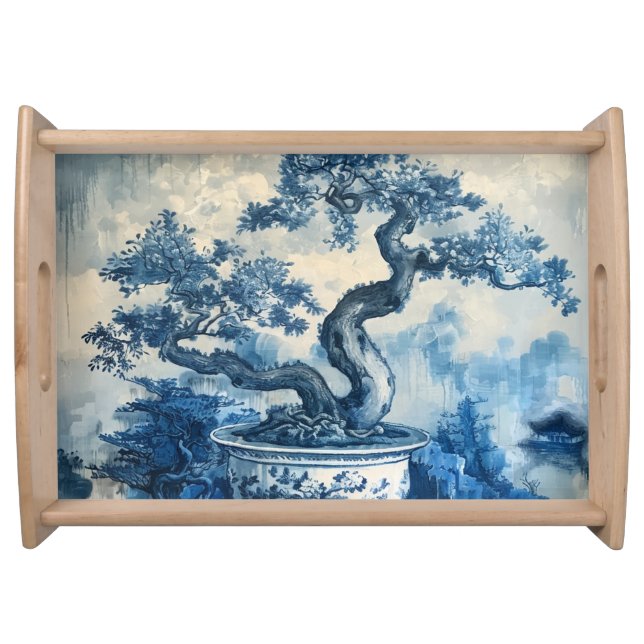Chinoiserie Blue and White Porcelain Design  Serving Tray (Front)
