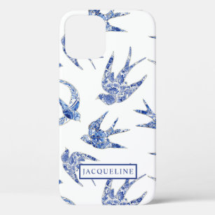 Chinoiserie Blue and White Swallows Birds w Name iPhone 12 Case