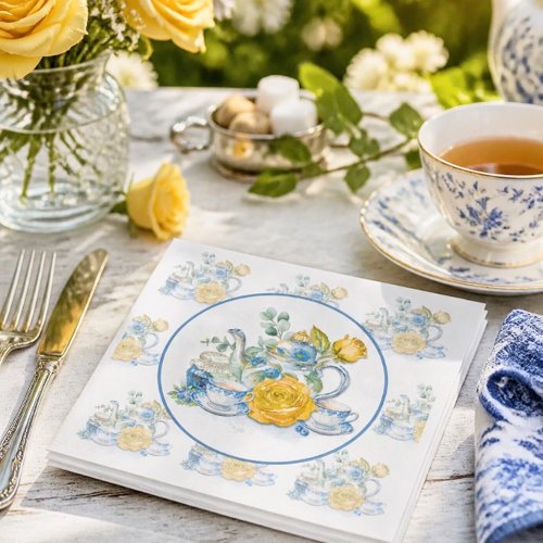 Chinoiserie Blue and White Teapot Roses Tea Party Napkins