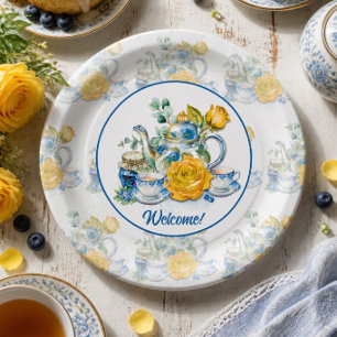 Chinoiserie Blue and White Teapot Roses Tea Party Paper Plates