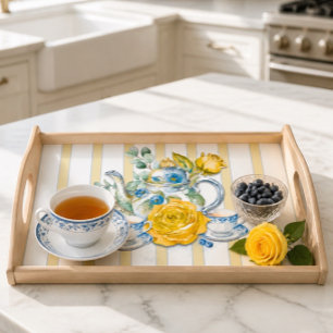 Chinoiserie Blue and White Teapot Roses Tea Party Serving Tray