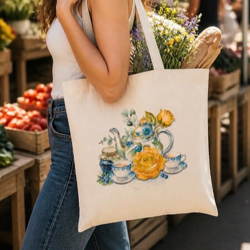 Chinoiserie Blue and White Teapot Roses Tea Party Tote Bag