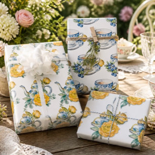 Chinoiserie Blue and White Teapot Roses Tea Party Wrapping Paper Sheets