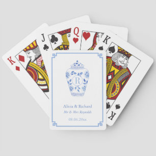 Chinoiserie Blue And White Wedding Crest Monogram Poker Cards