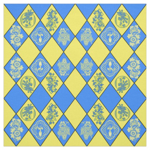 Chinoiserie Blue and Yellow Diamond Pattern Fabric